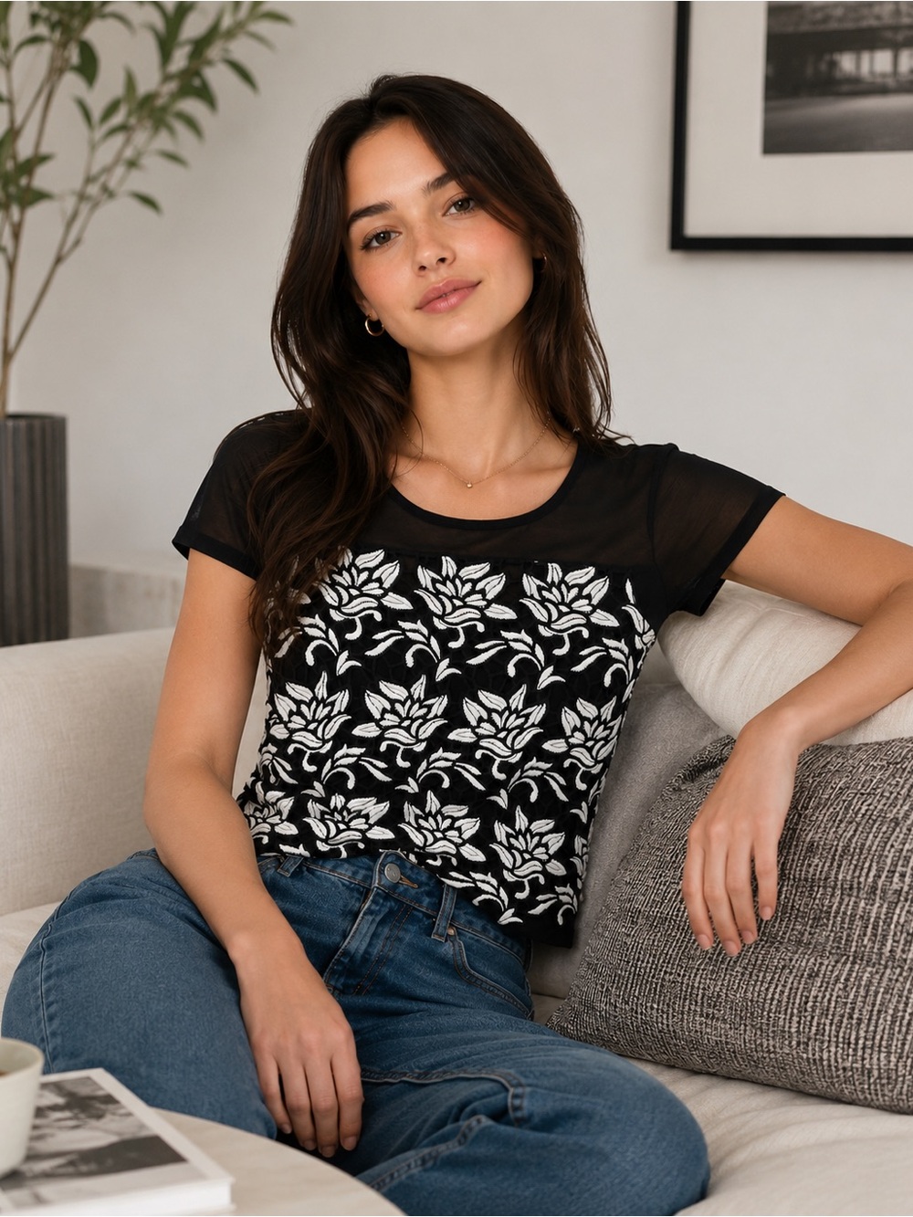 Embroidered Lace Blouse Black White Sheer Top (INC) Large